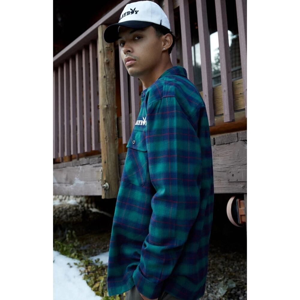 Playboy PacSun Green Blue Plaid Flannel Shirt Men’s Medium Long Sleeve - Picture 9 of 9